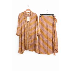 LAUS Boutique Kimono Set Pink Gold Jacquard Top Wrap Skirt Boho Size M